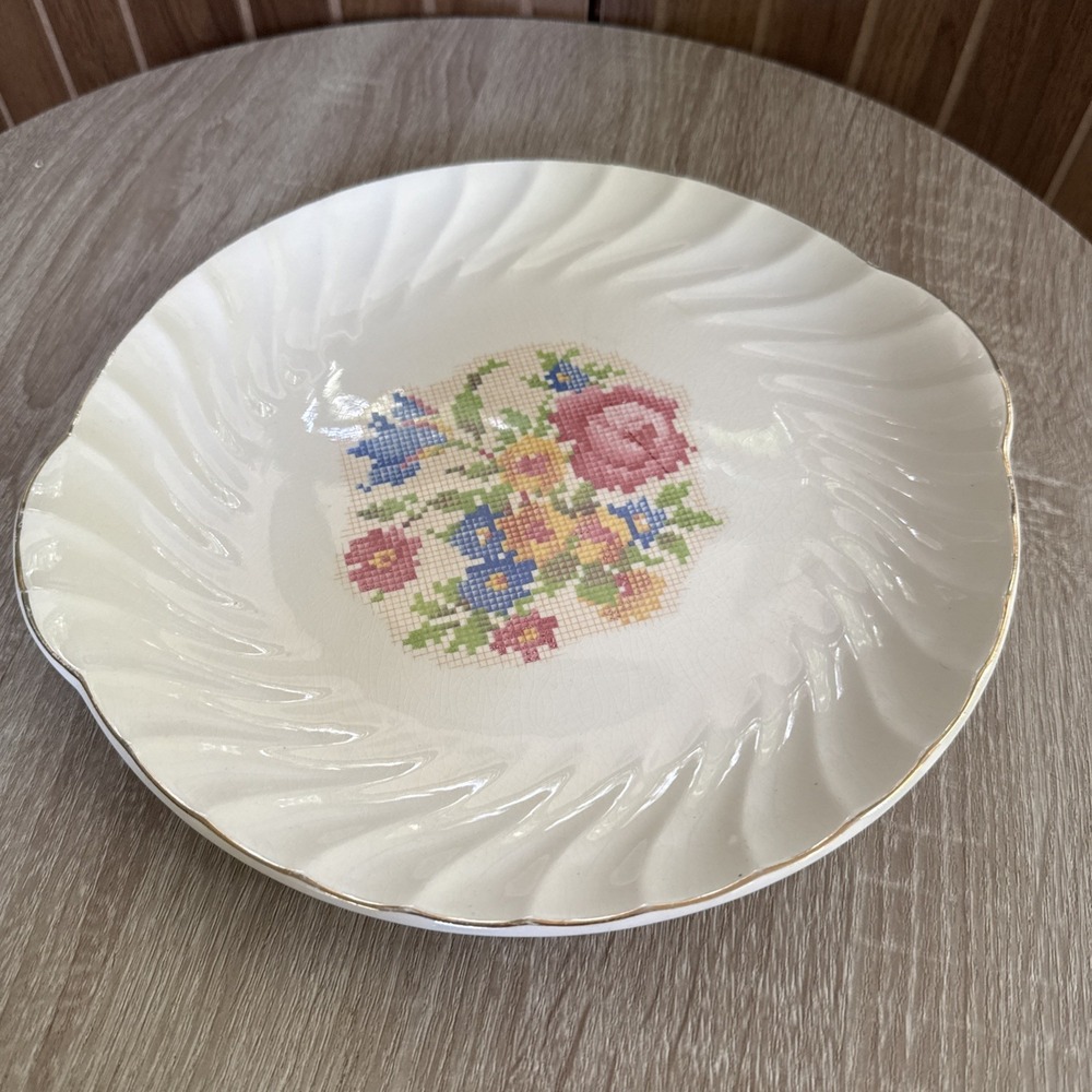Vintage Bakerite 22k Gold Granny Floral Cross Stitch Serving Platter